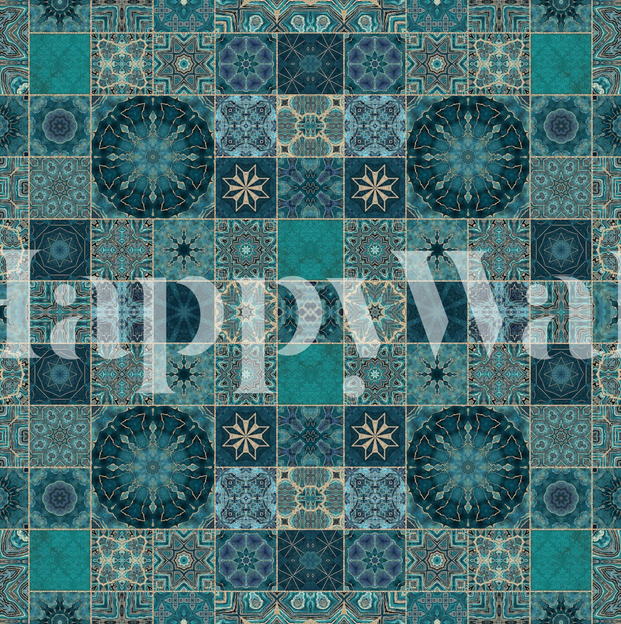 Veggmaleri i middelhavsstil med blågrønne og gullmønstre