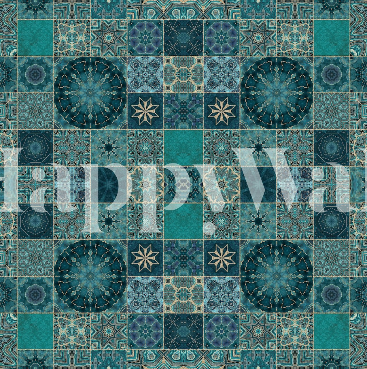 Τοίχο mural σε μεσογειακό στυλ με σχέδια teal και gold