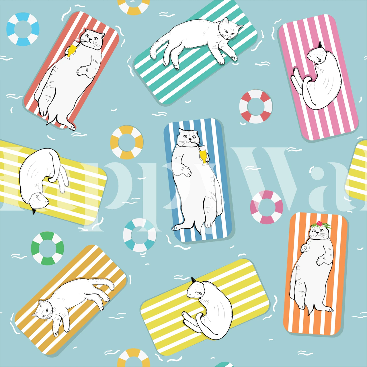 Colorful hand drawn cats on lounge mats with stripes wallpaper