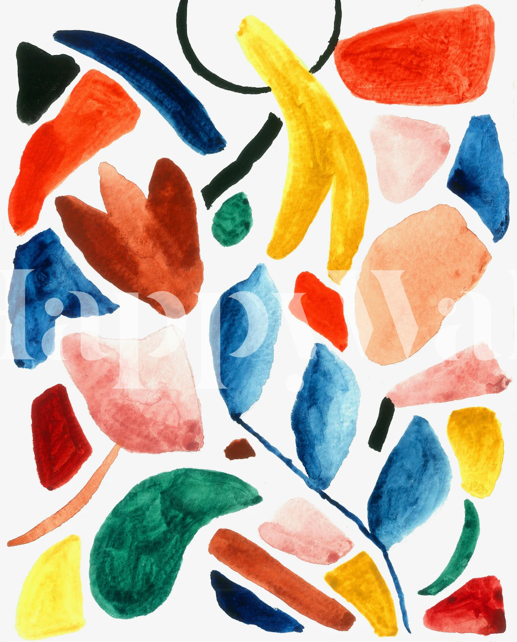 Colorful abstract floral shapes in shades of blue, red, yellow, and green wallpaper