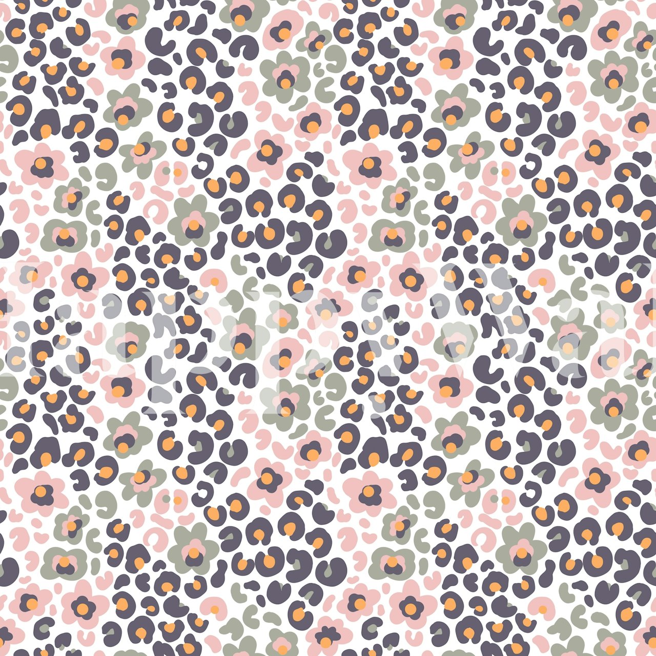 Floral animal print wallpaper in pastel colors featuring pink, grey and navy elements.