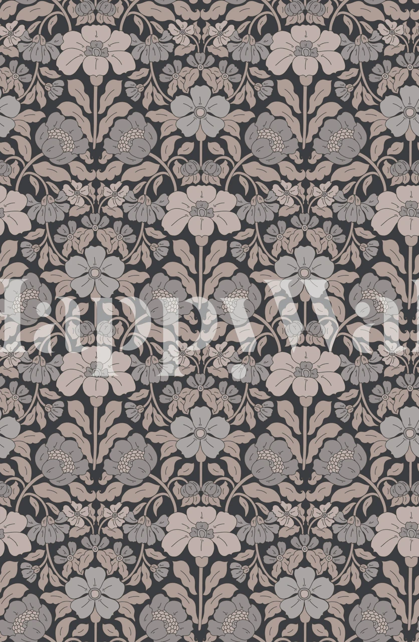 Navy floral wallpaper featuring light pink flowers and leaf patterns, stylish design