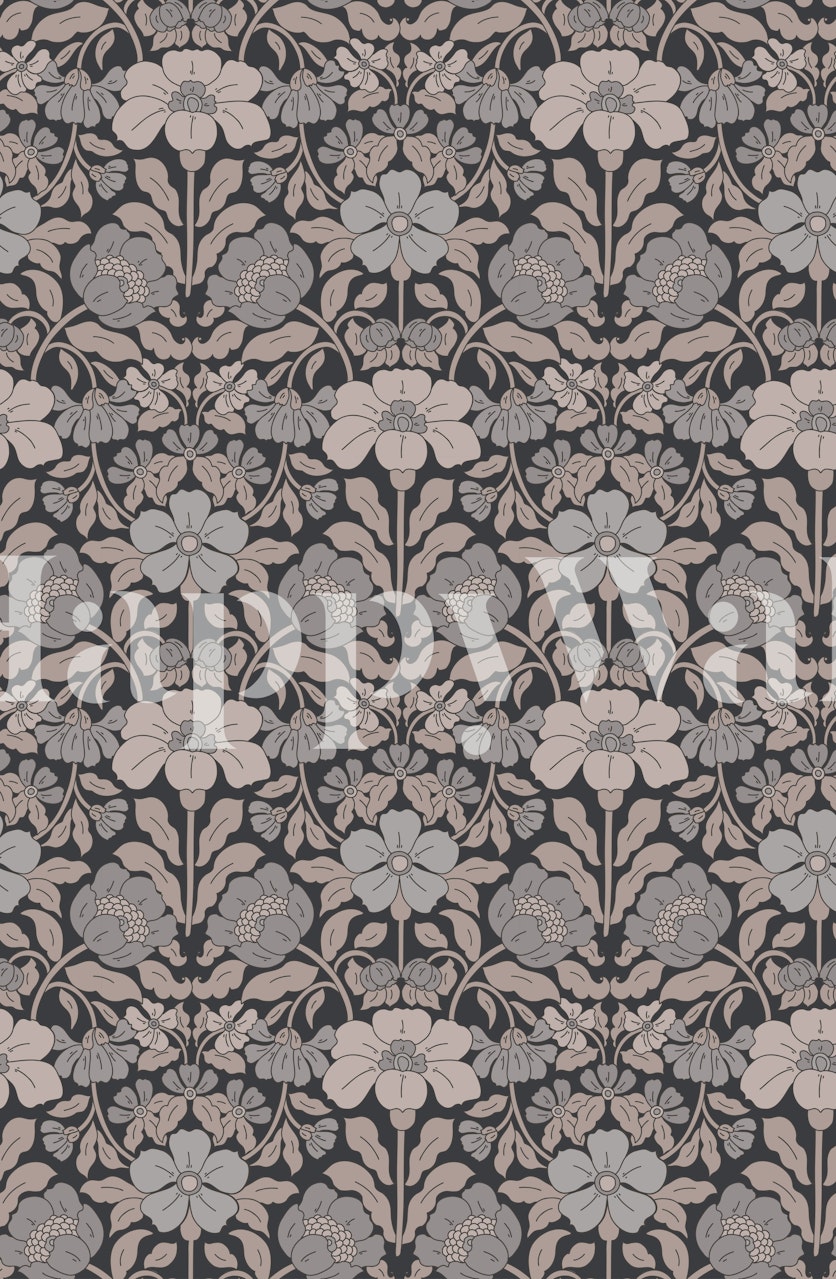 Navy floral wallpaper featuring light pink flowers and leaf patterns, stylish design