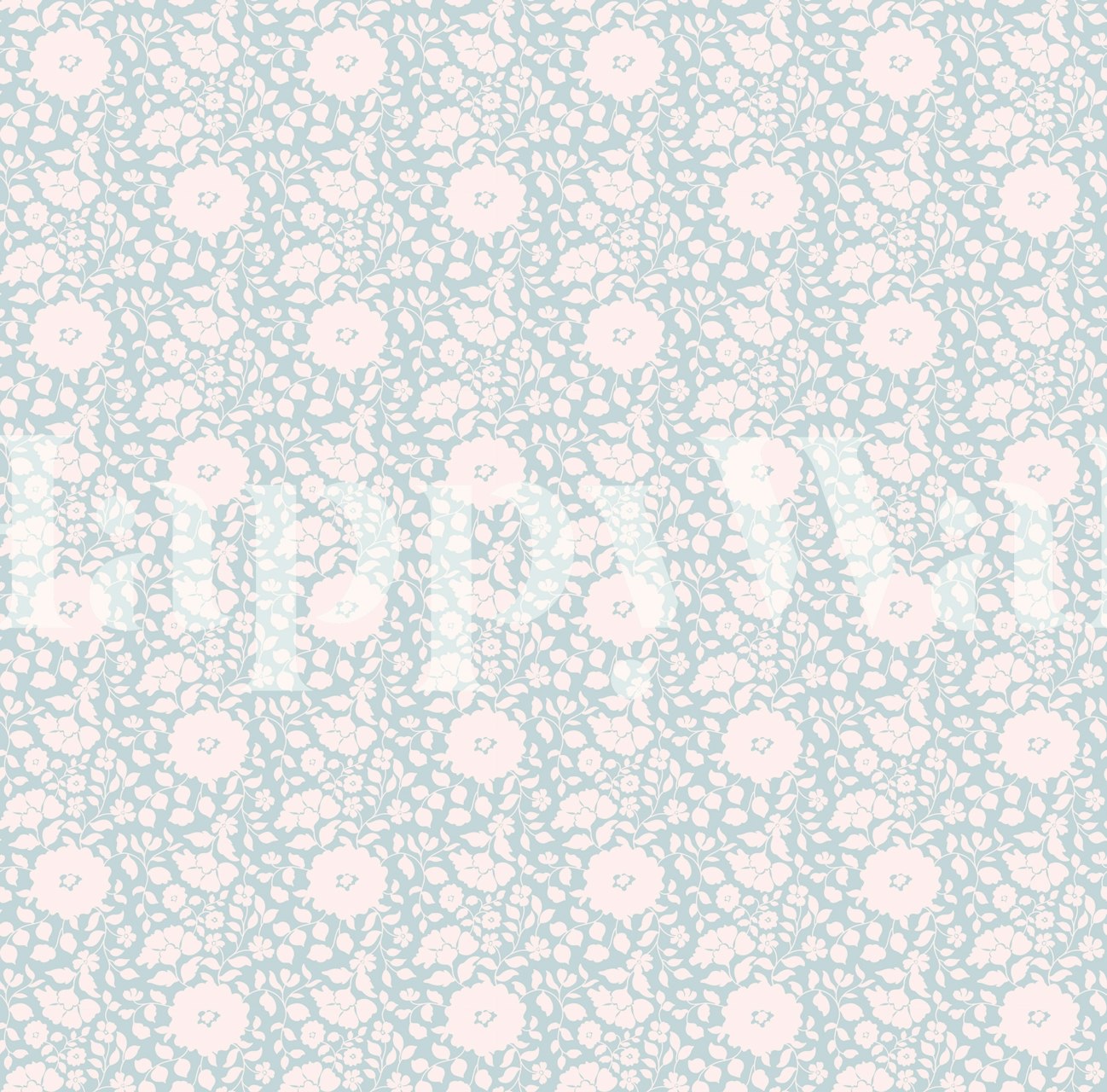 Carta da parati Elanor con motivo floreale blu pastello su sfondo bianco