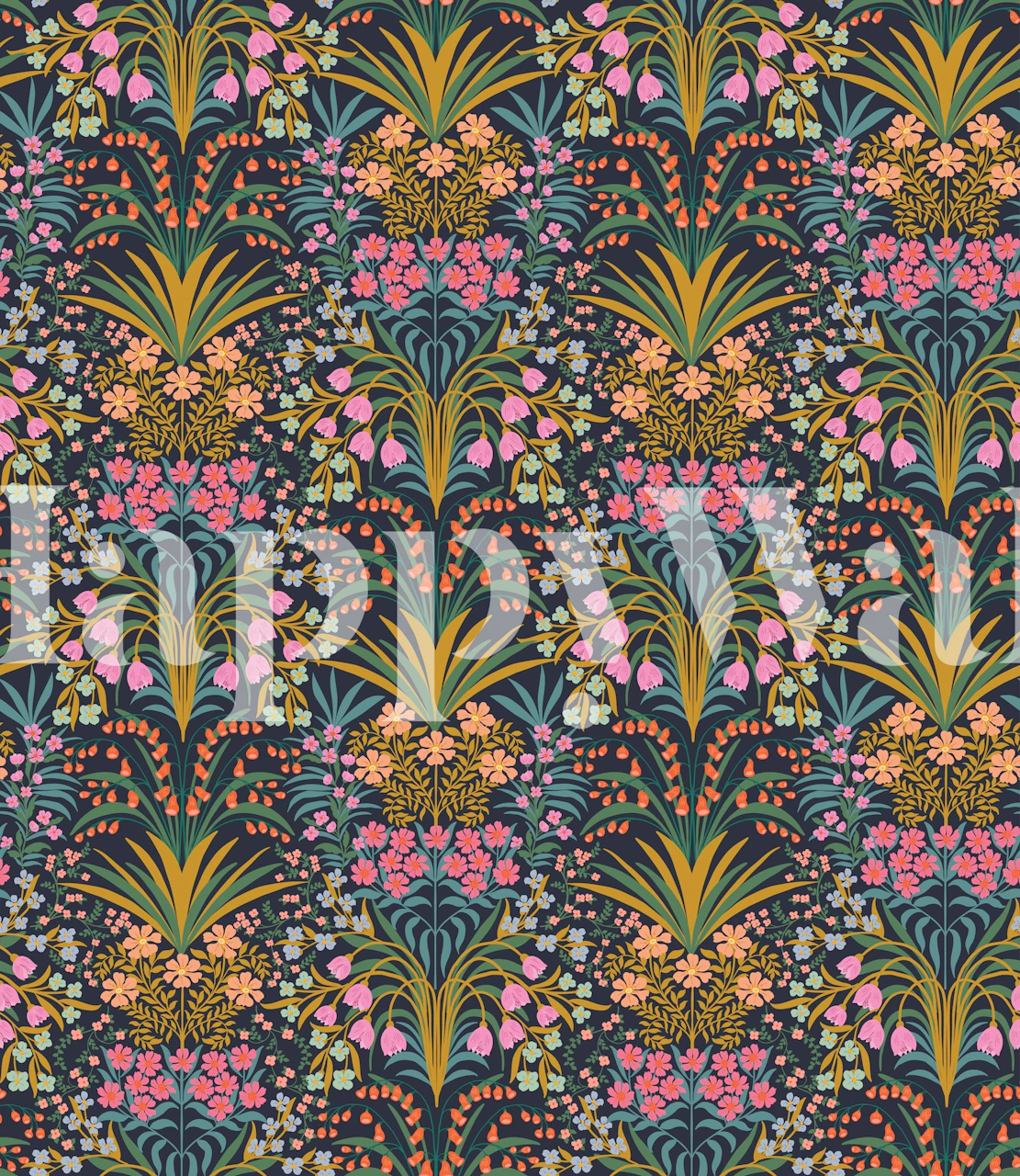 Colorful floral pattern with pink, orange, and teal wallpaper