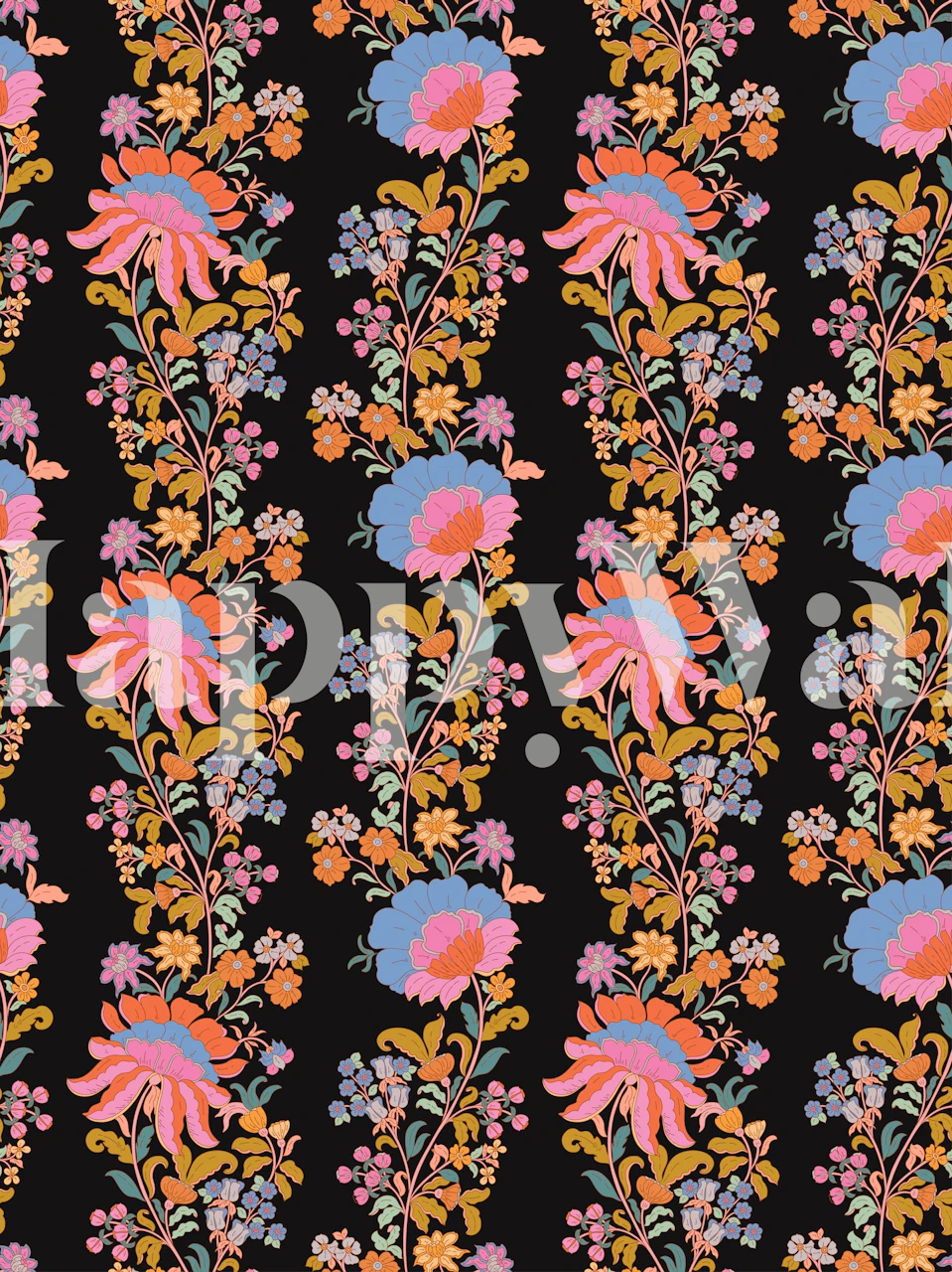 Colorful floral design featuring pink and blue flowers on a black background wallpaper