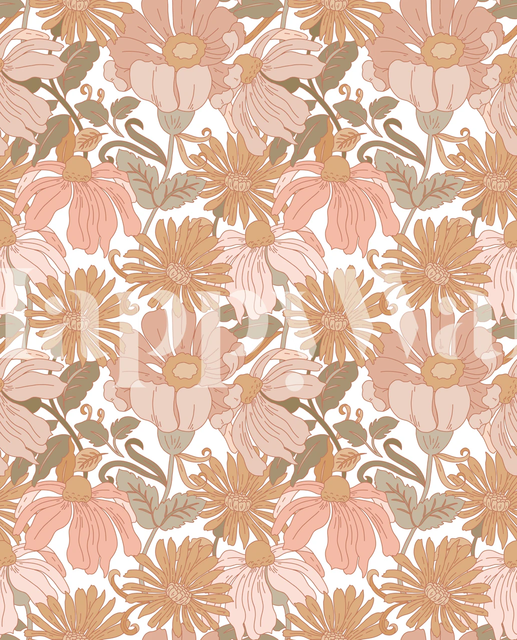 Pink and beige floral pattern wallpaper with green leaves