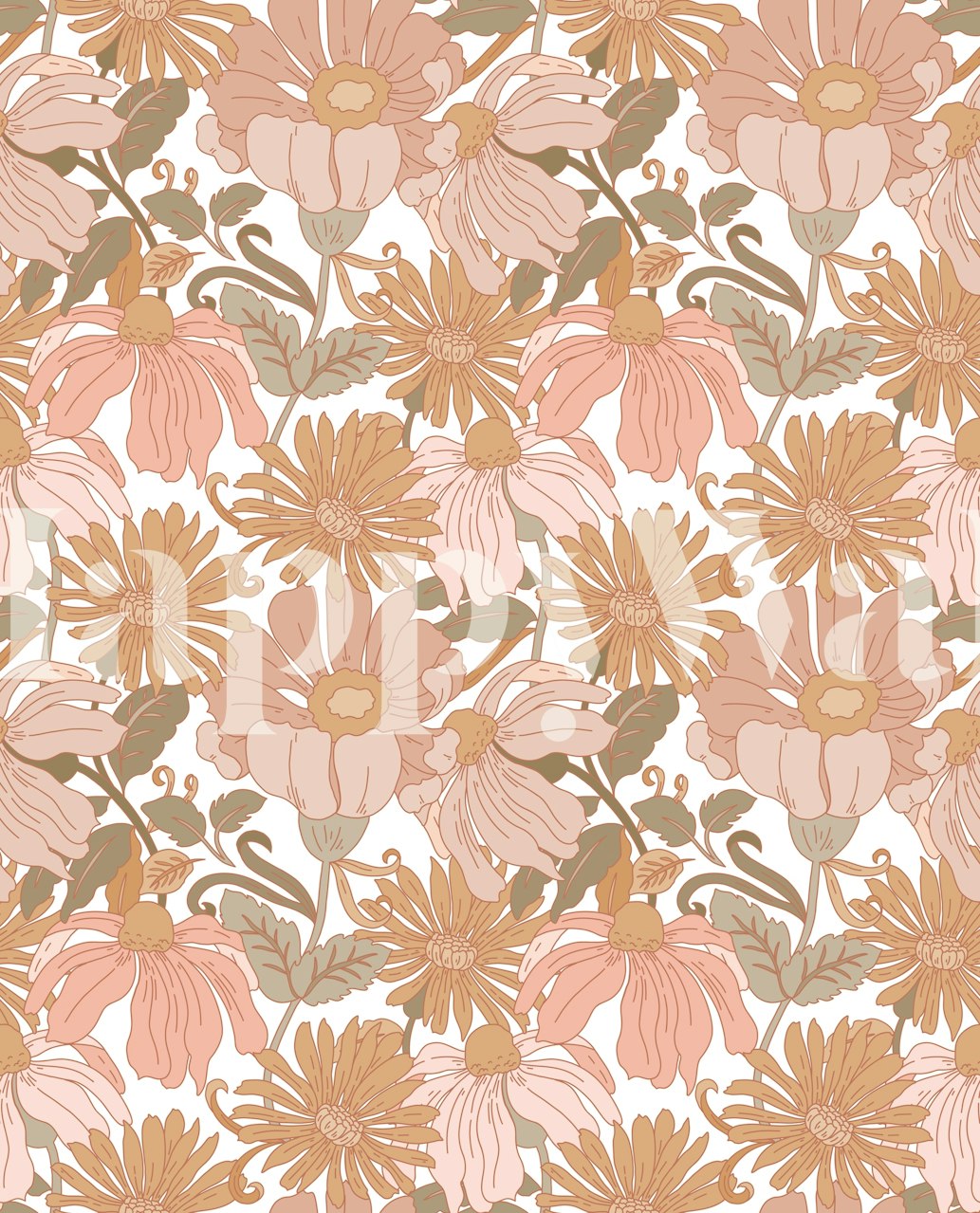 Pink and beige floral pattern wallpaper with green leaves