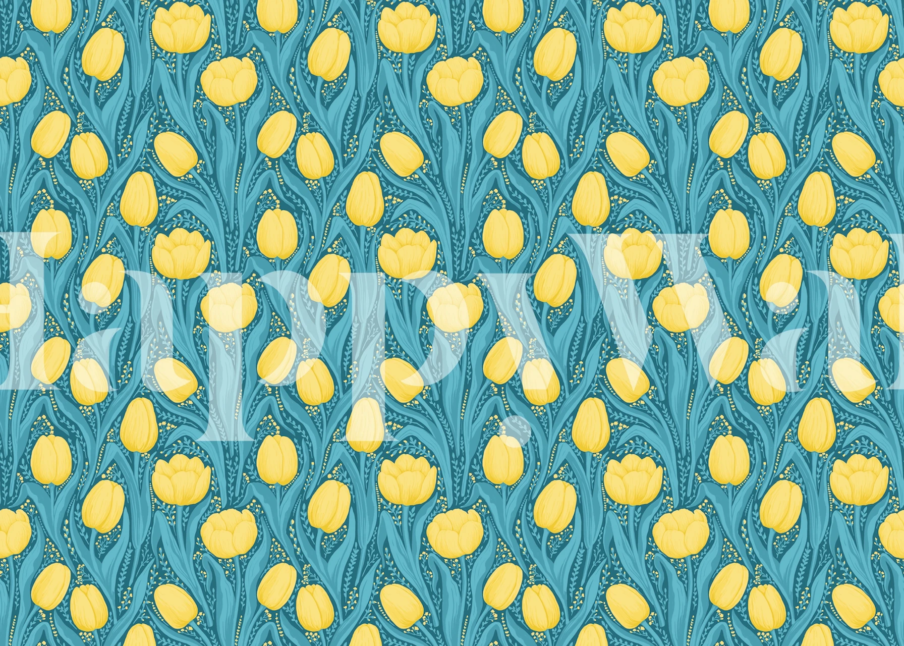 Yellow tulips with green leaves on a blue background wallpaper