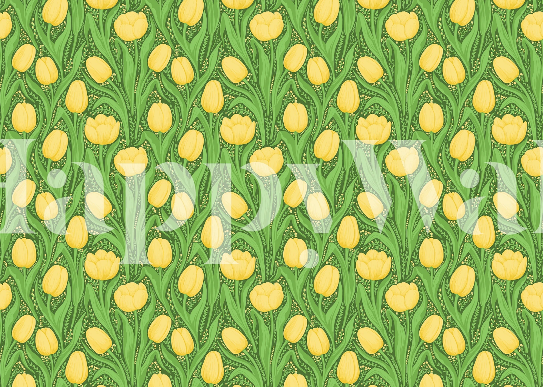 Yellow tulips with green leaves floral wallpaper