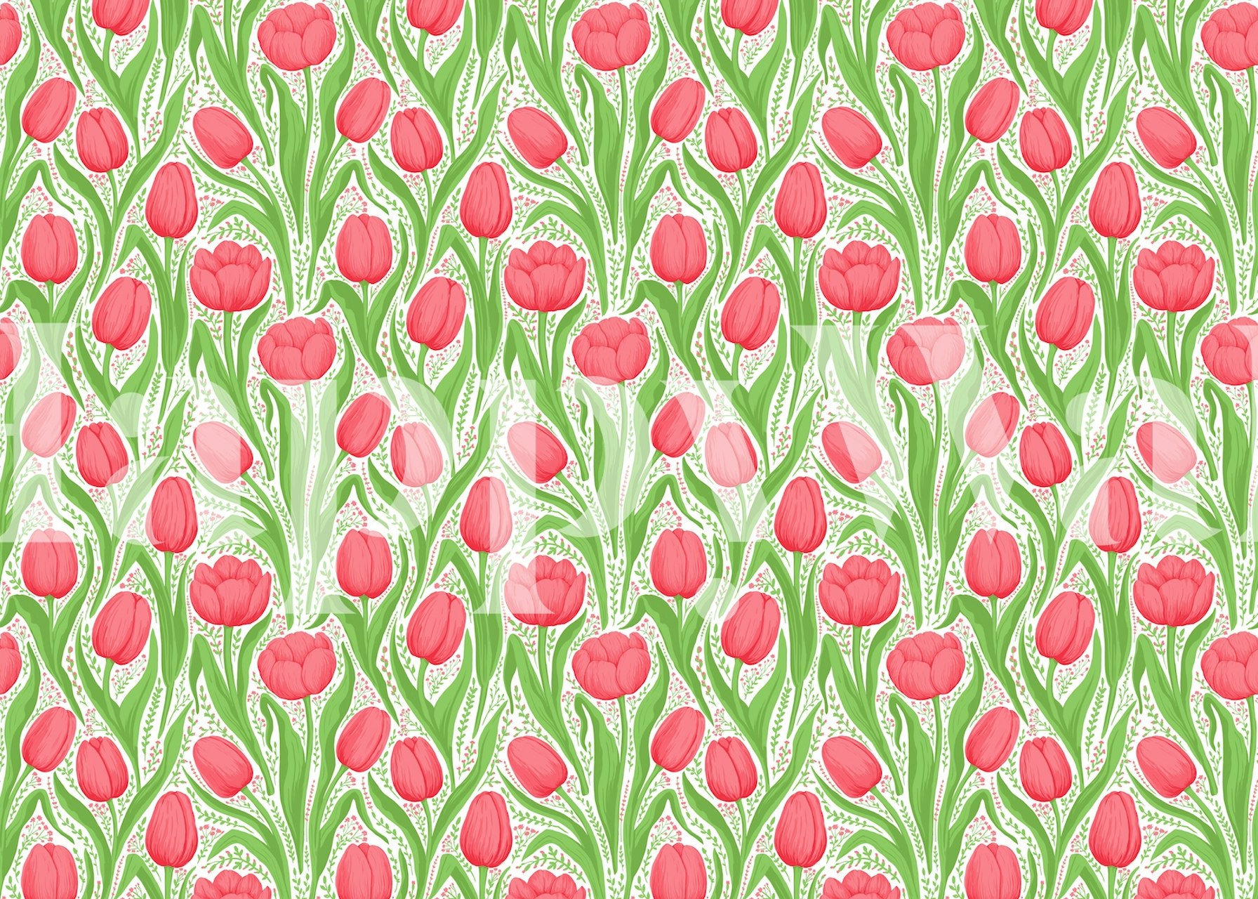 Tulipanes rojos con patrón de hojas verdes en un mural de pared