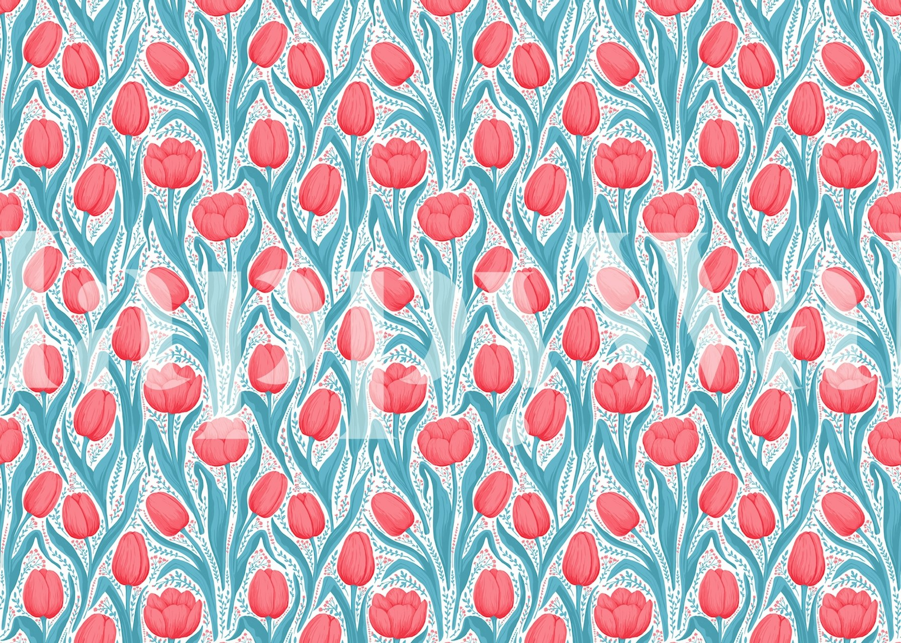 Red tulip flowers on blue background floral wallpaper