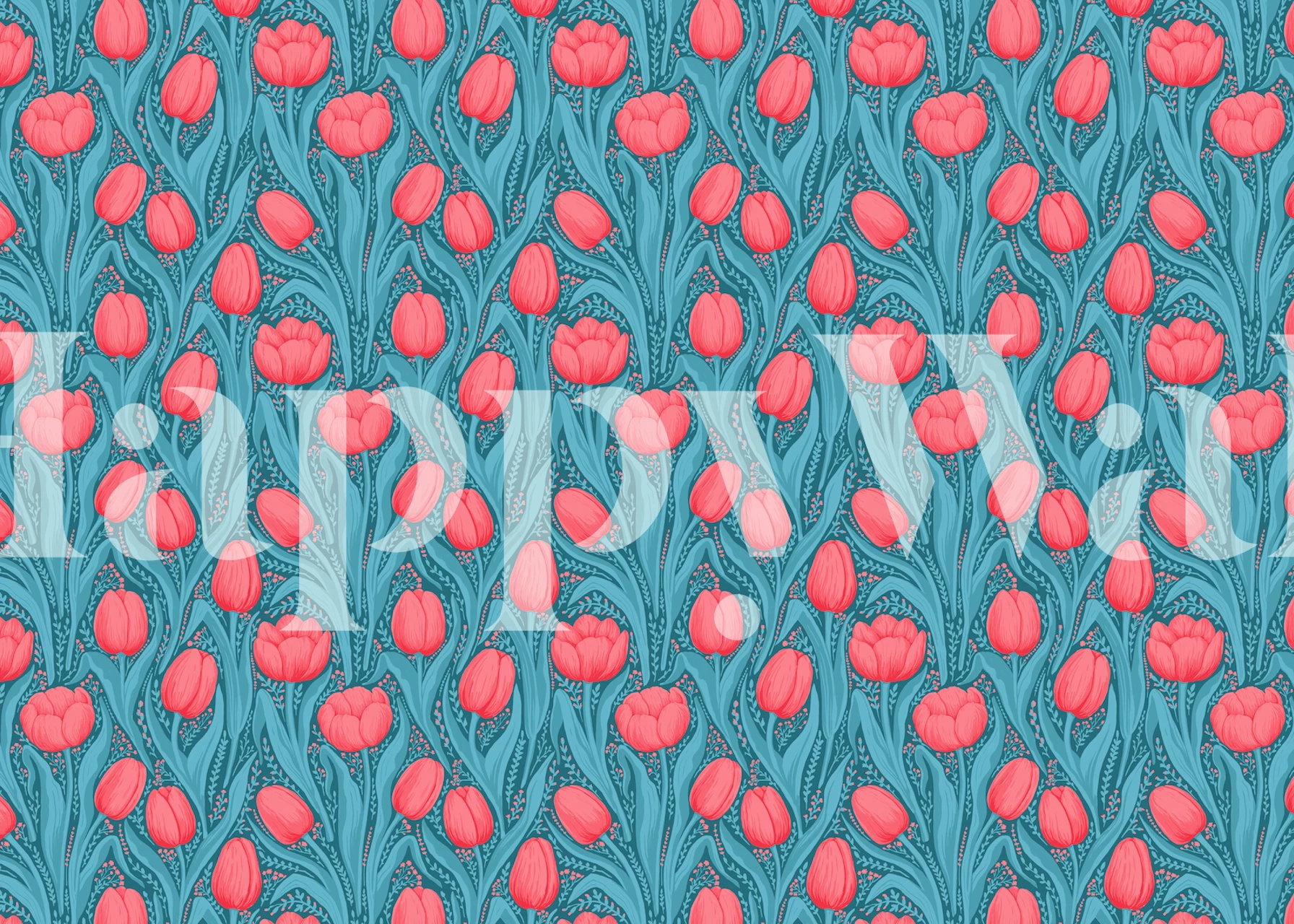 A wall mural of red tulips with green stems on a blue background.