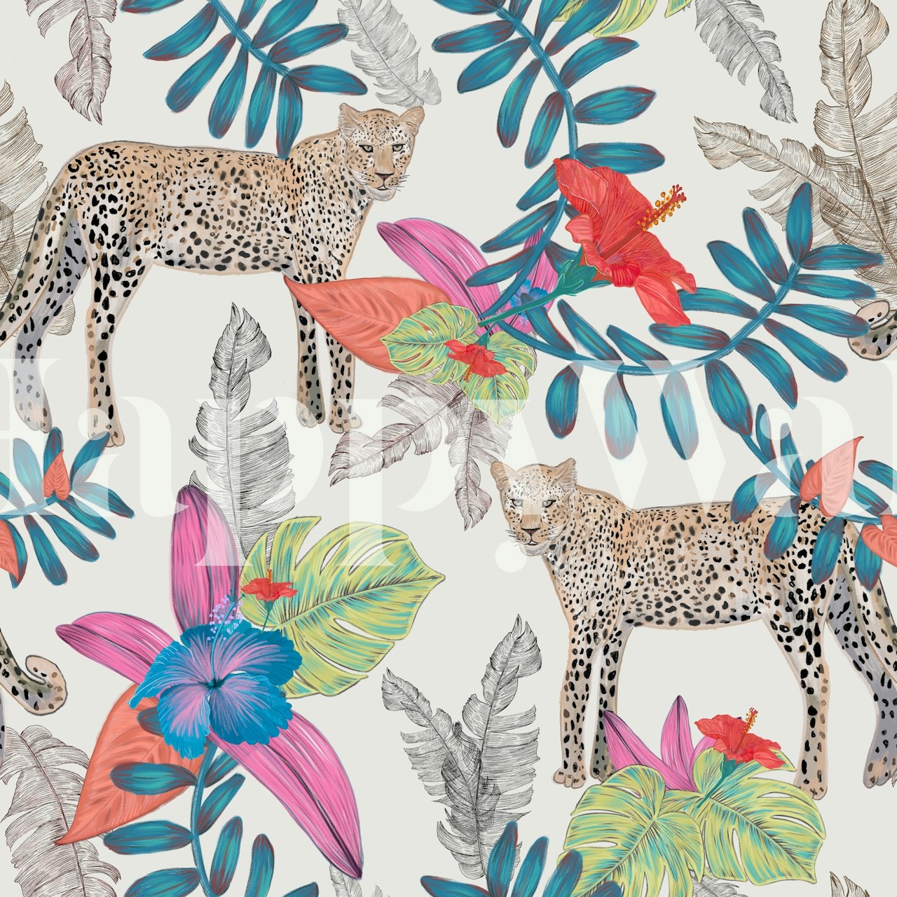 Colorful tropical leopard design with plants and flowers wallpaper