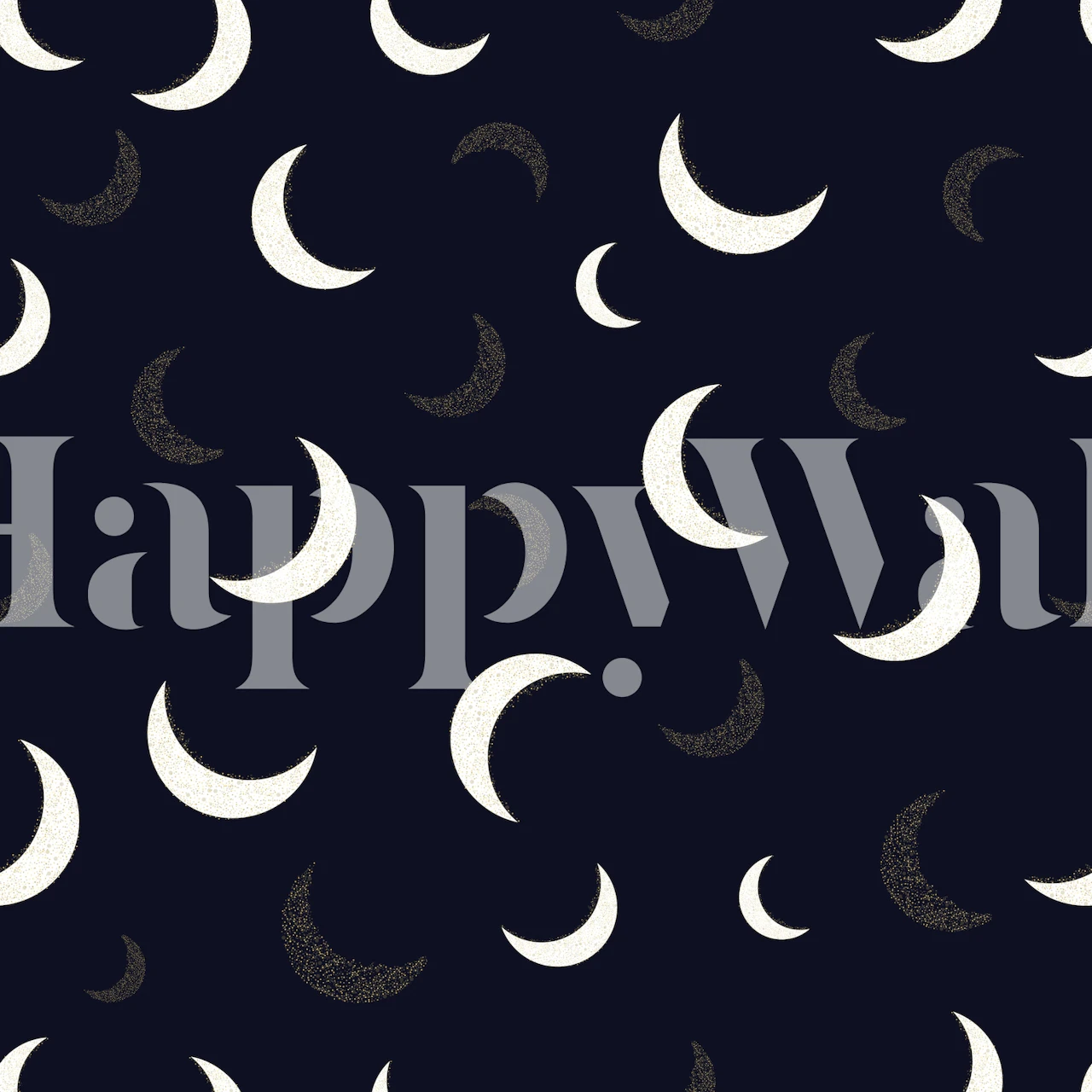 Crescent moon patterns in white and gold on black background wallpaper
