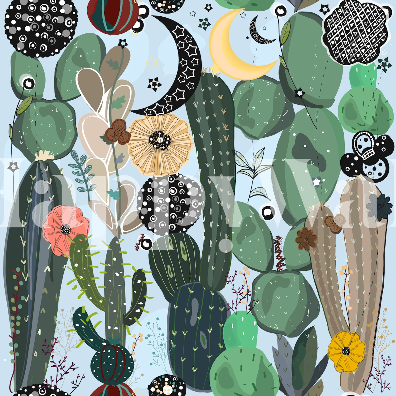 Cactus and moon pattern with colorful flowers and stars wallpaper