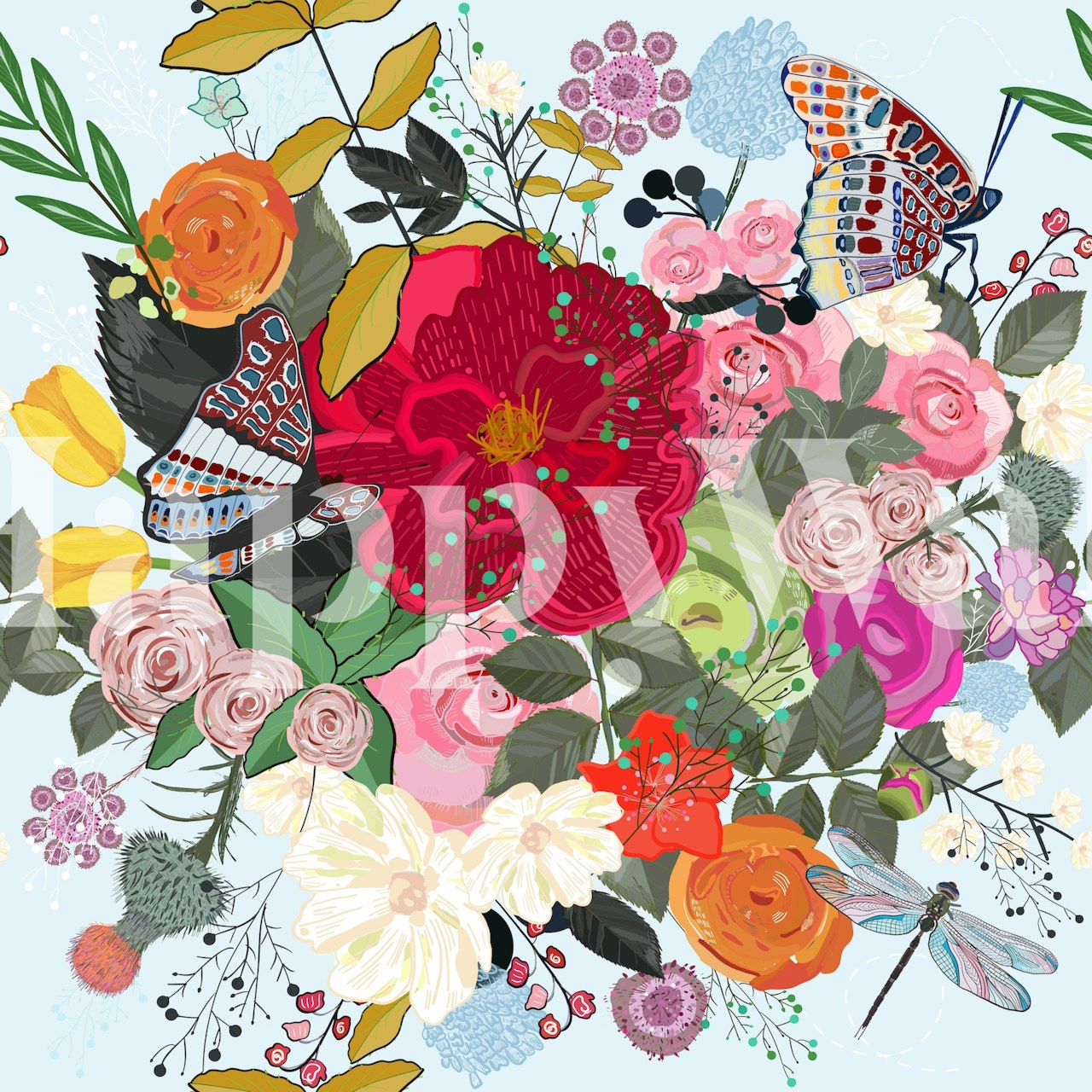 Fargerik vårtid kunstnerisk blomsterveggmaleri med sommerfugler