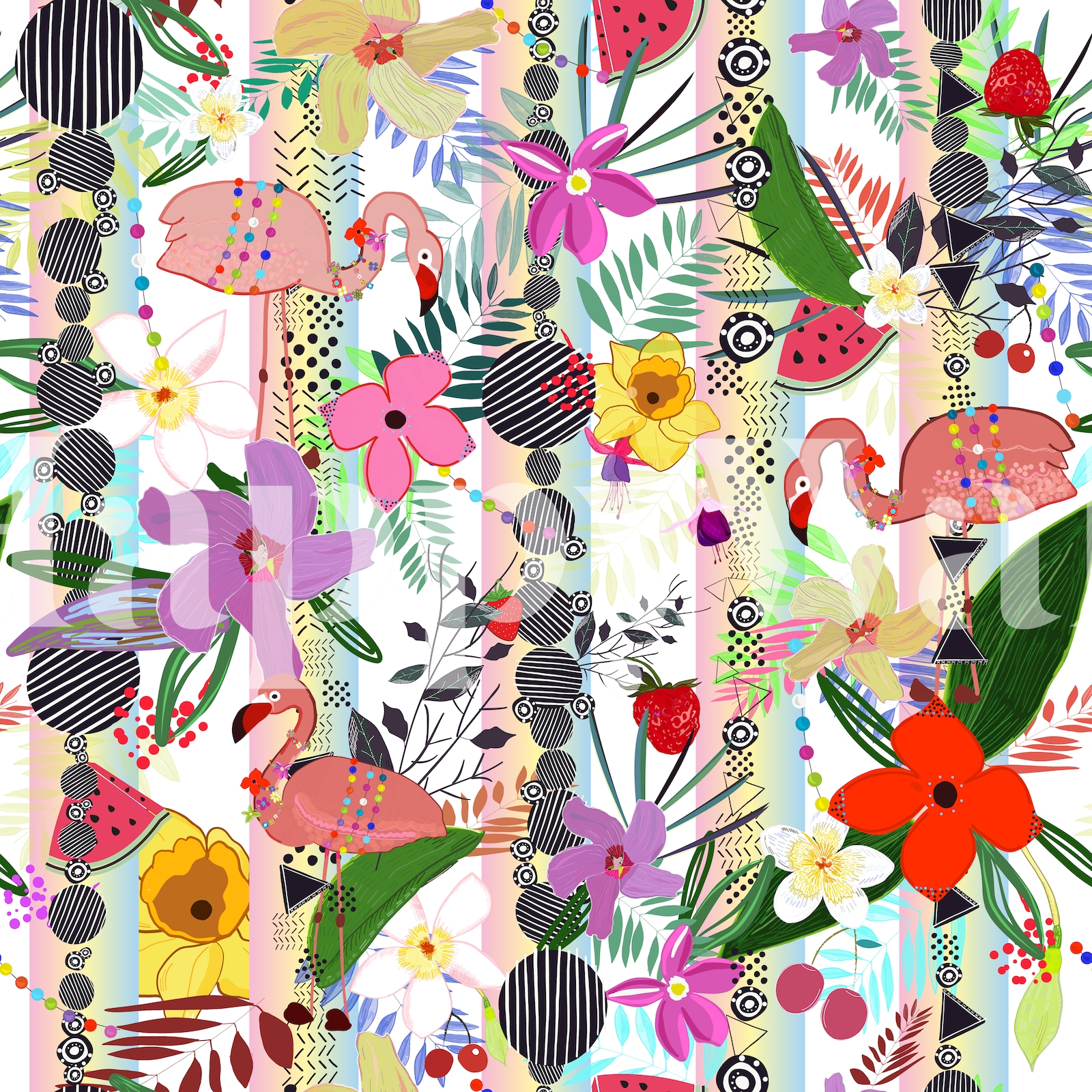Tropical Flower Flamingo Wallpaper - Buy Online | Happywall