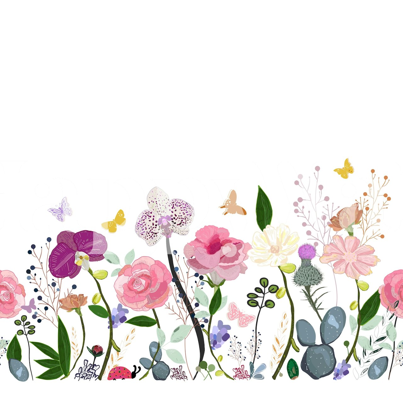 Floral pattern with pink flowers, green leaves, and butterflies wallpaper