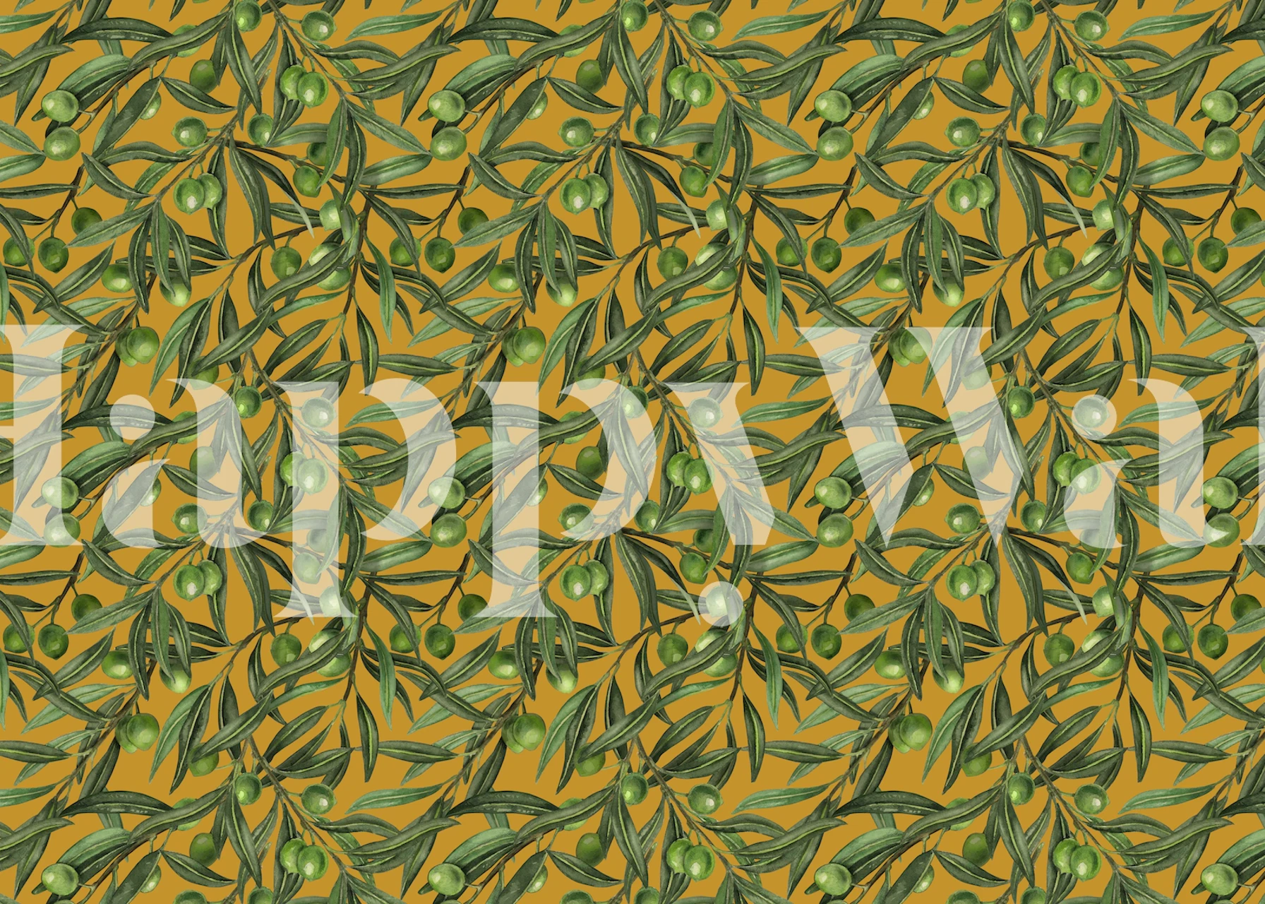 Olive branches with green olives on a mustard background wallpaper