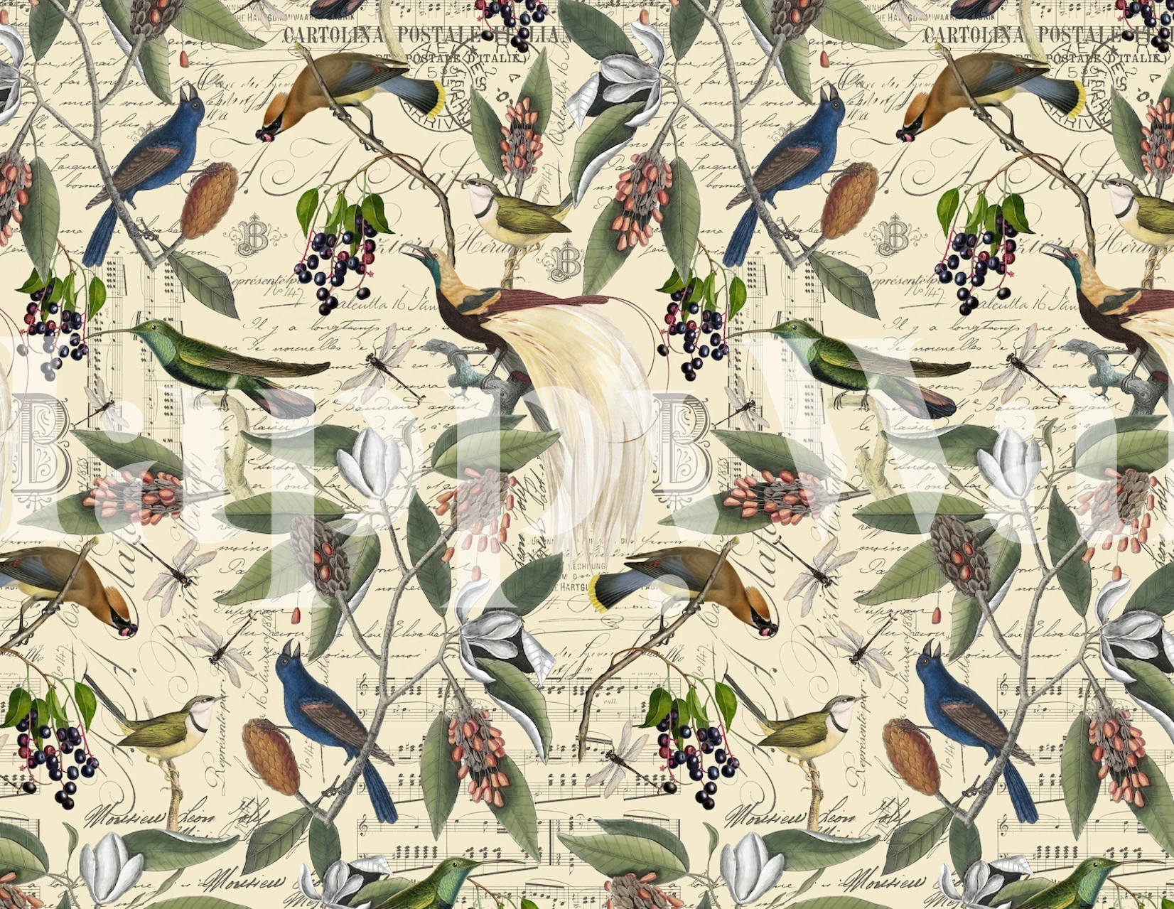 Colorful birds among floral foliage on beige background wallpaper