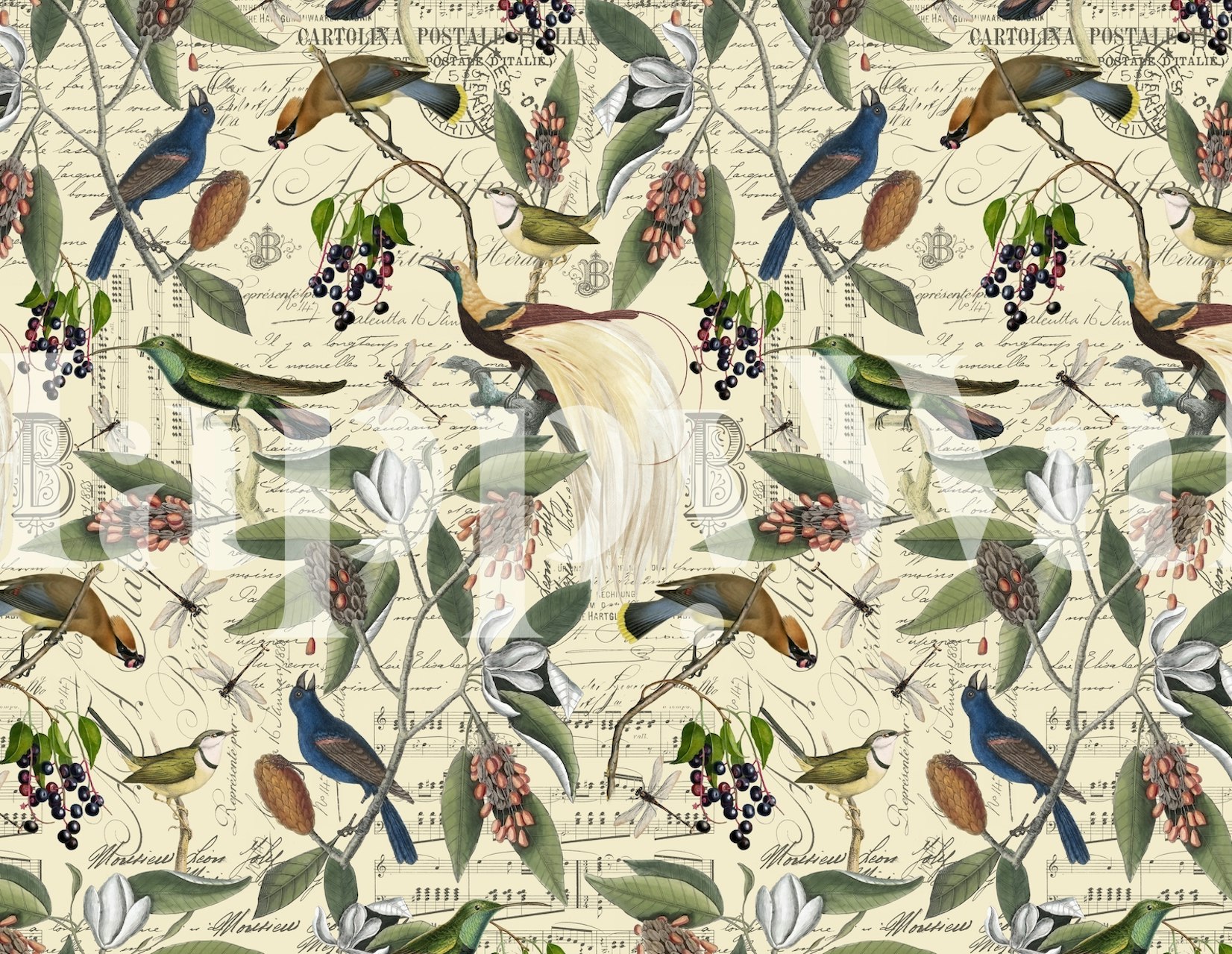 Colorful birds among floral foliage on beige background wallpaper