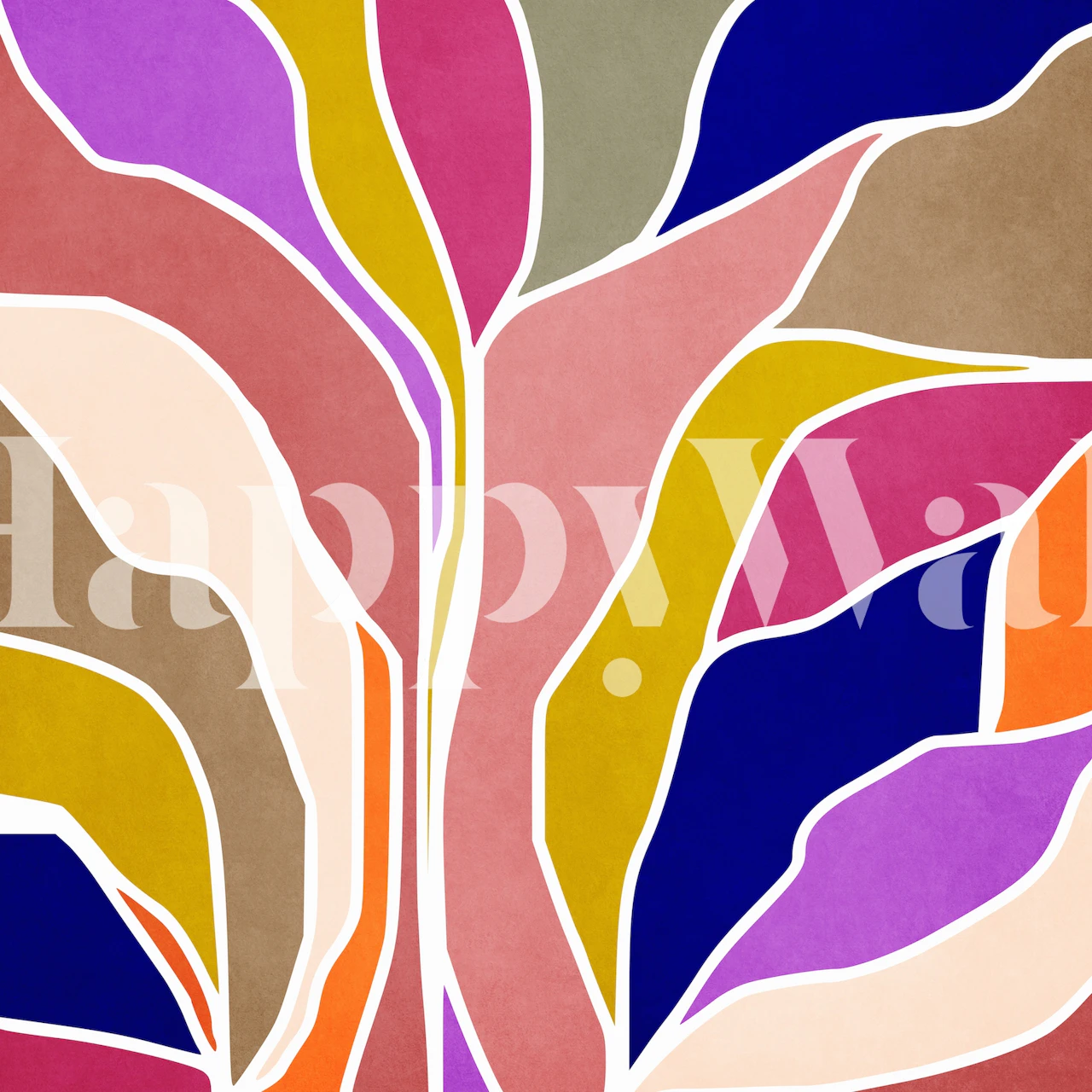 Colorful abstract leaf patterns in pink, orange, and blue wallpaper