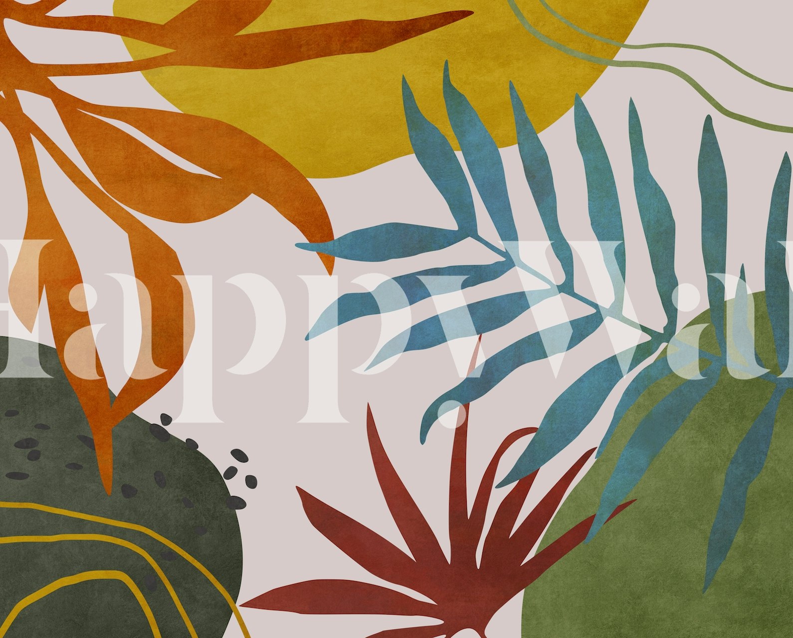 Tropical leaves in orange, green, and blue on a light background wallpaper