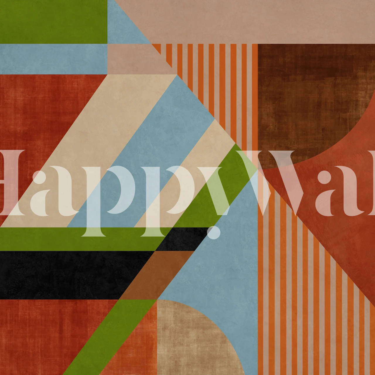 Colorful geometric patterns in blue, orange, green, and brown wallpaper