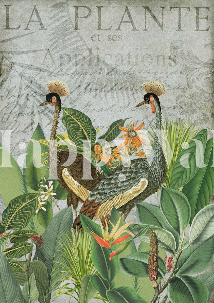 Cranes and tropical flowers greenery wallpaper