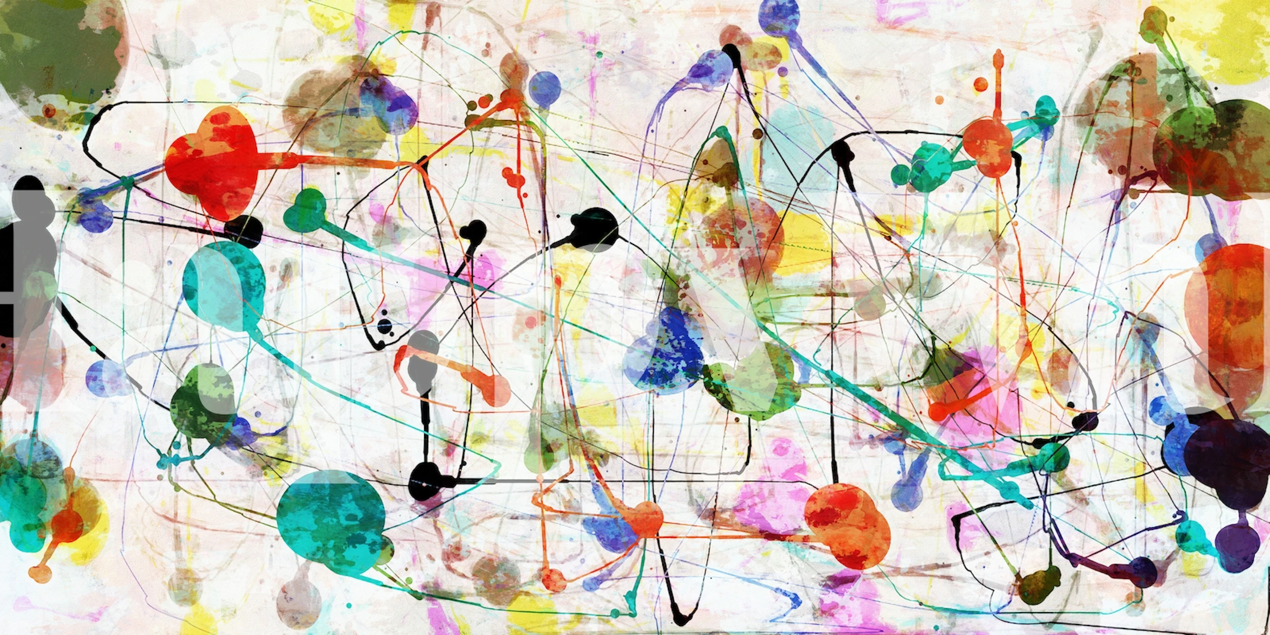 Abstract colorful dots and splashes with black lines wallpaper