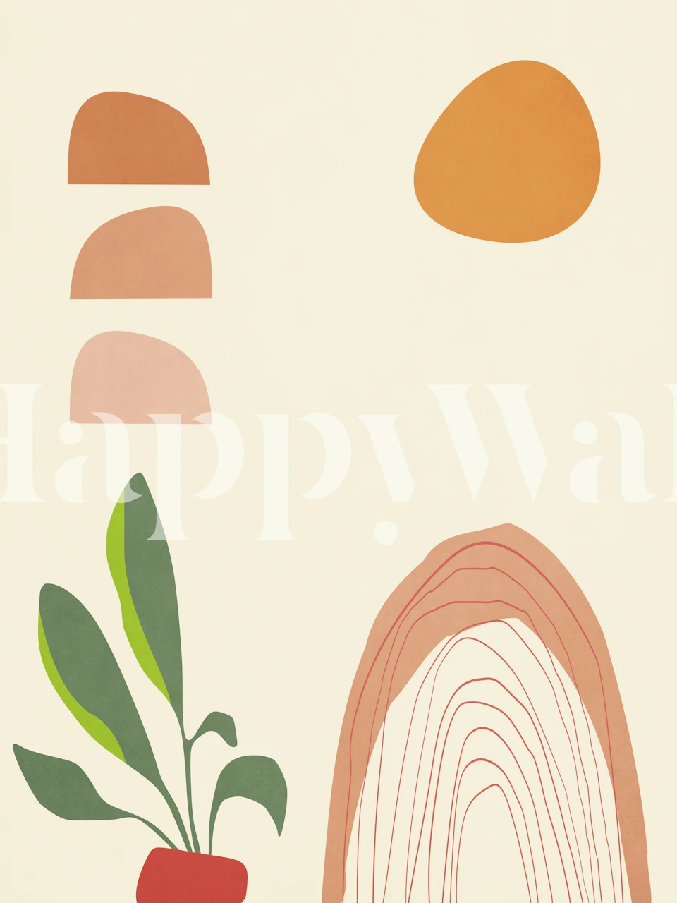 Murale astratto con archi, piante e forme del sole nei toni della terra