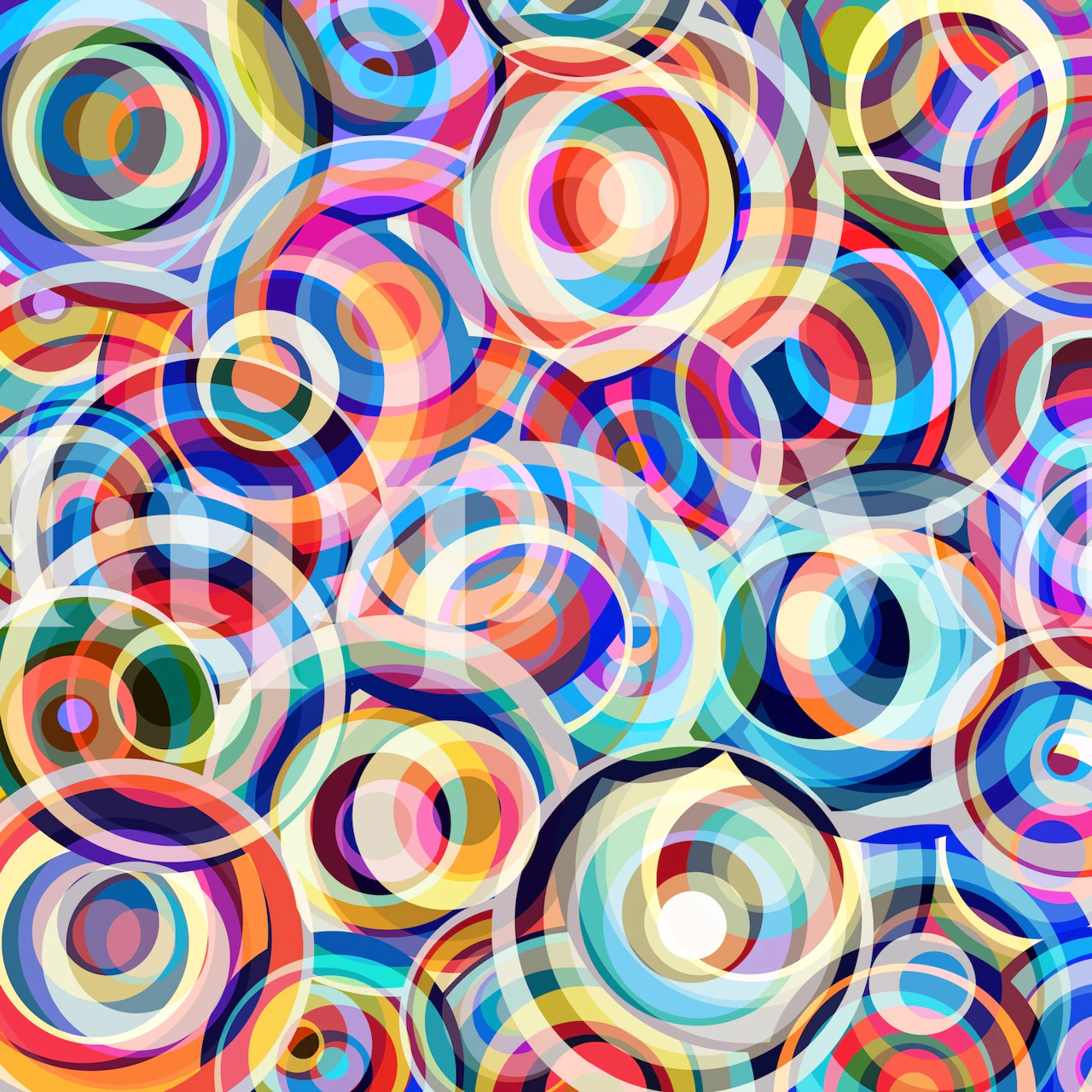 Geometric circles in vibrant colors including red, blue, and yellow, abstract wallpaper