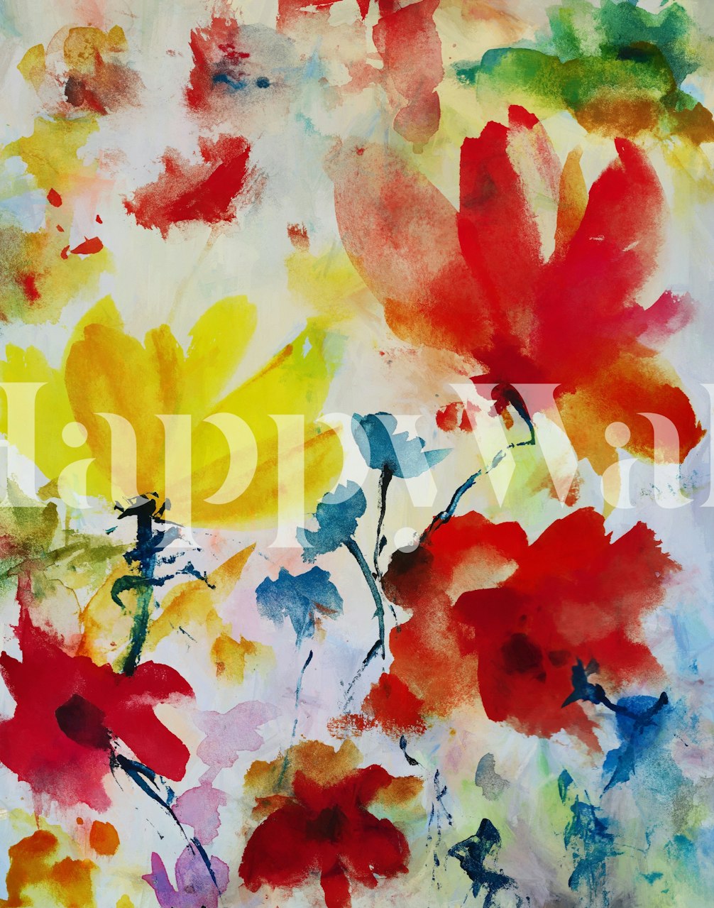Watercolor floral wallpaper featuring bright red, yellow, and blue flowers