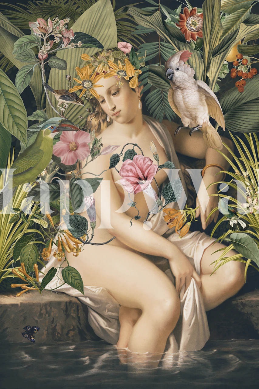 Vintage bathing lady surrounded by flowers and greenery wallpaper