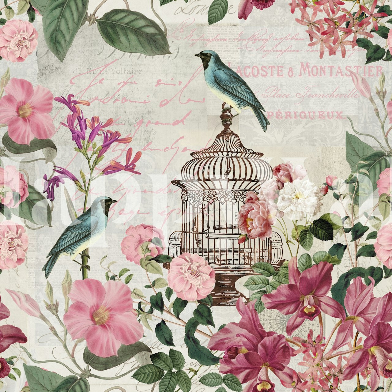 Birds and flowers vintage art wallpaper in a room