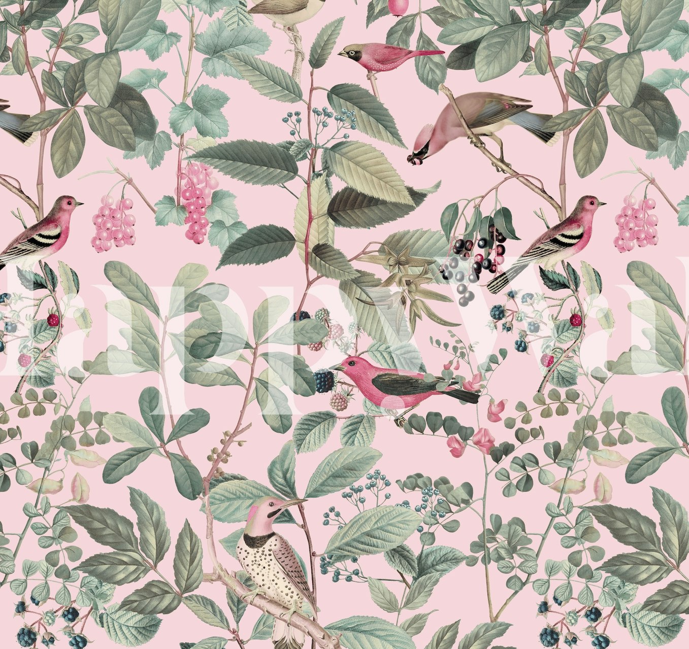 Birds and floral patterns in pastel pink wallpaper