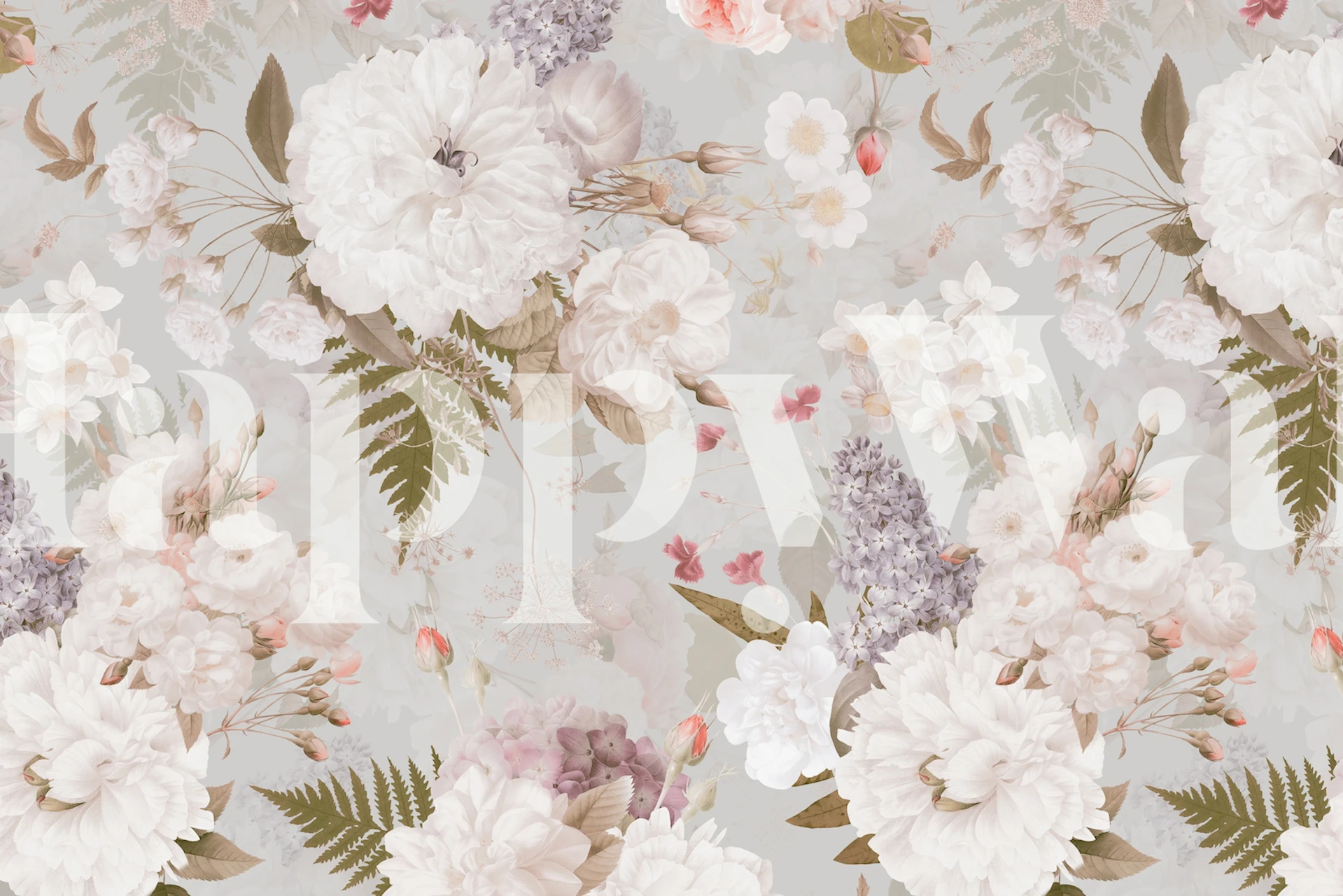 Naklejka ścienna z kwitnącymi wiosennymi kwiatami i zielonymi liśćmi na subtelnym tle