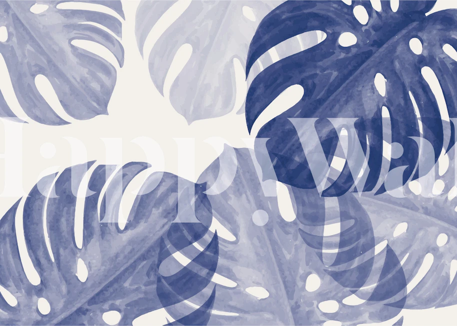 Blue monstera leaves on a light background wallpaper