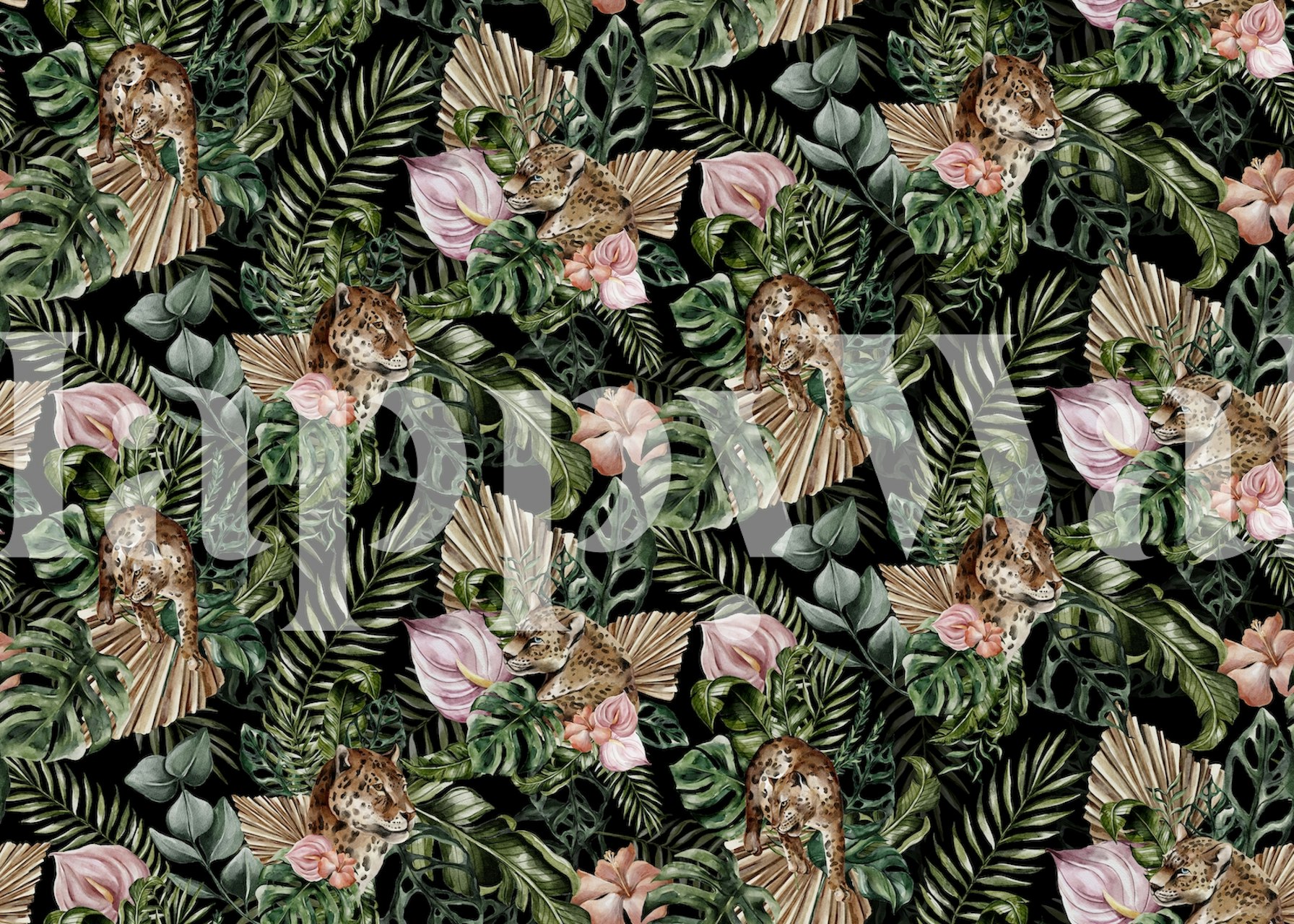 Cheetah and blooming flowers with green leaves wallpaper