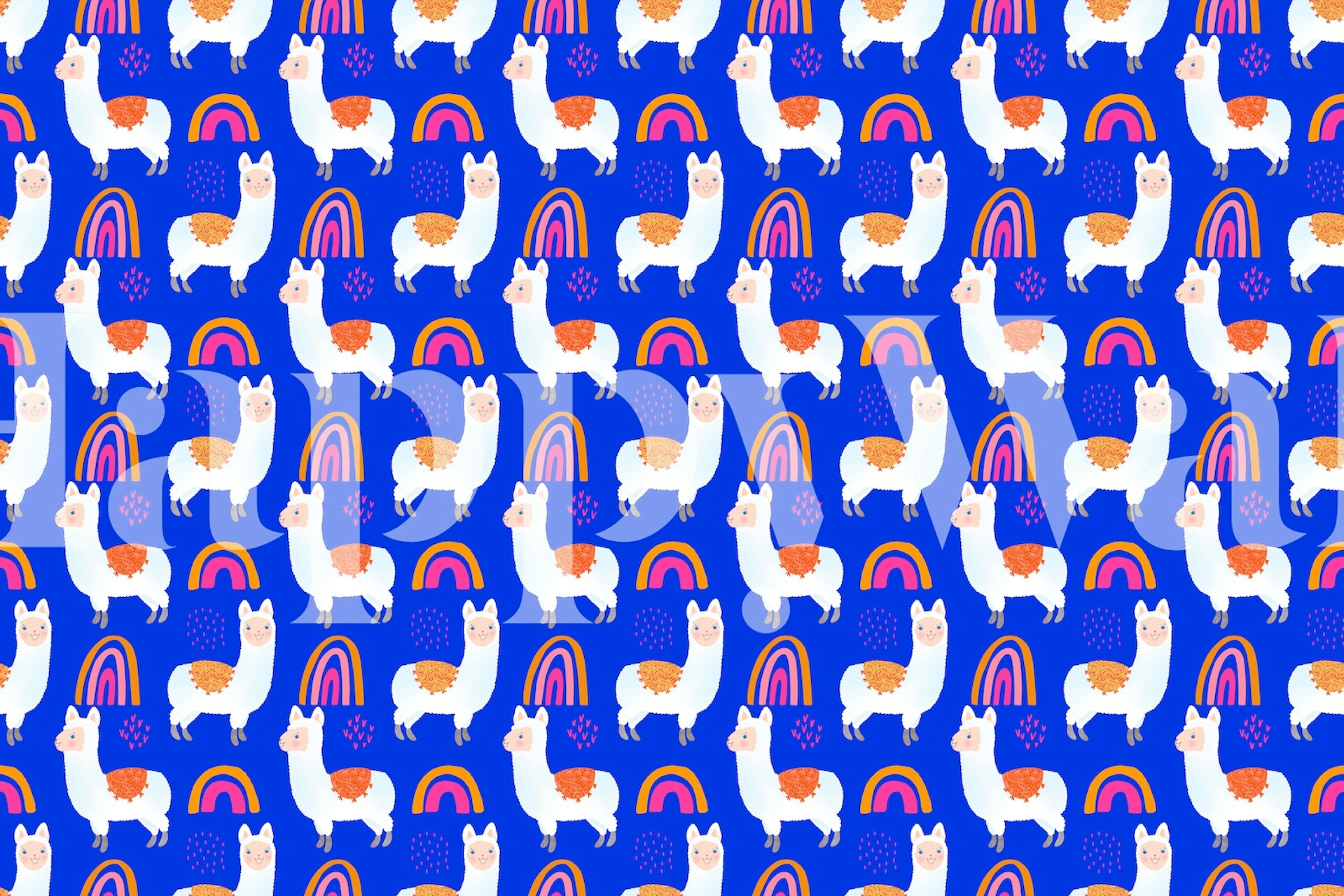 Happy llamas and rainbows pattern on blue wallpaper