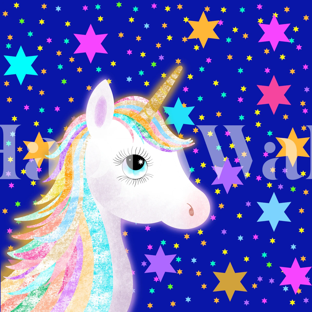 Cute baby unicorn with a rainbow mane amidst colorful stars on a blue background wall mural
