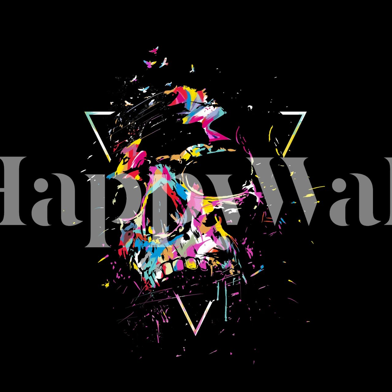 Colorful skull illustration with abstract splash patterns wallpaper