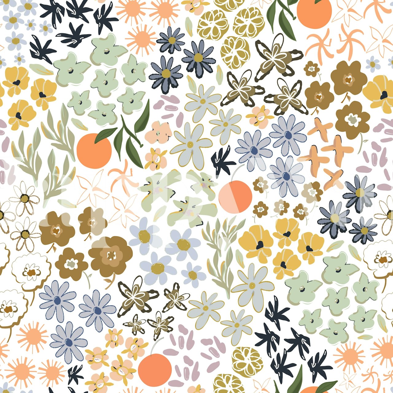 Fotomural colorido con estampado floral de florecitas, insectos y frutas