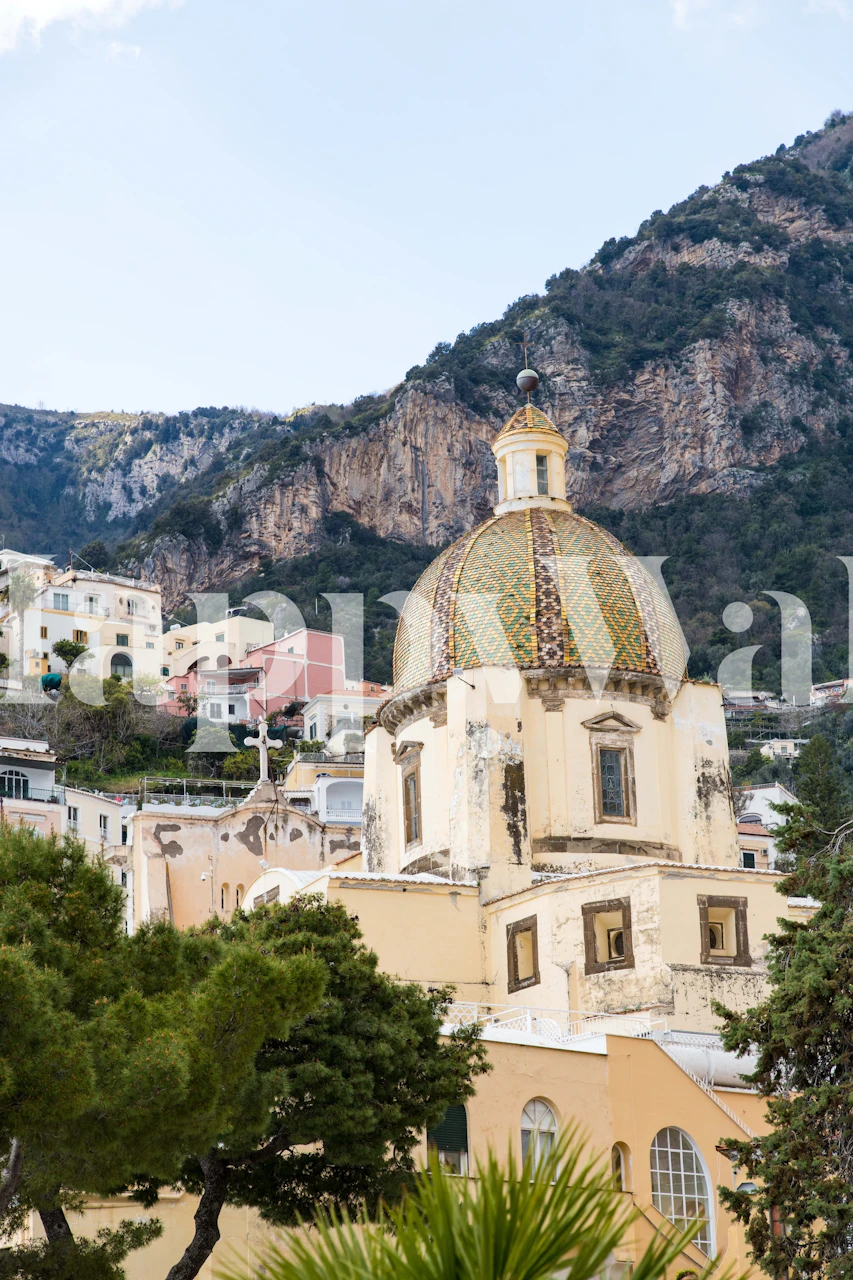 Colorful architectural dome with mountains and trees wallpaper