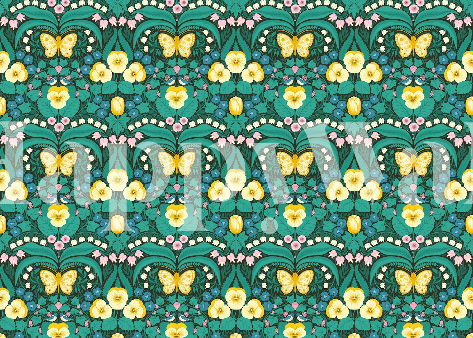 Dollhouse garden wallpaper featuring butterflies and flowers