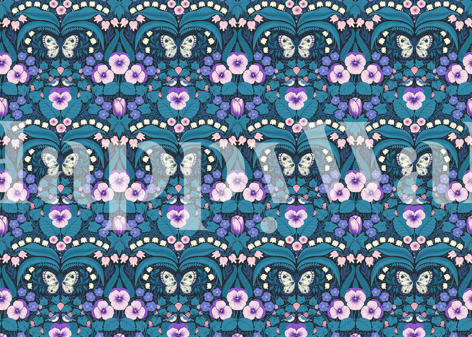 Teal floral pattern with purple flowers and butterflies wallpaper
