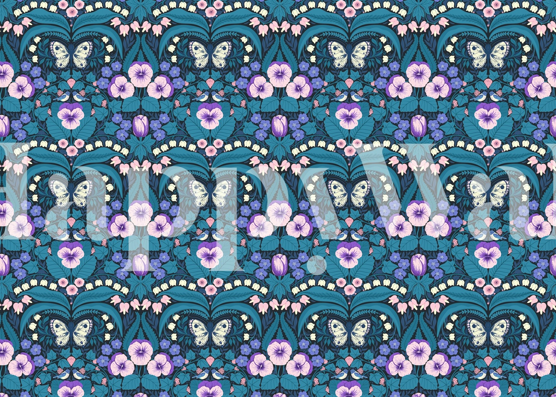 Teal floral pattern with purple flowers and butterflies wallpaper