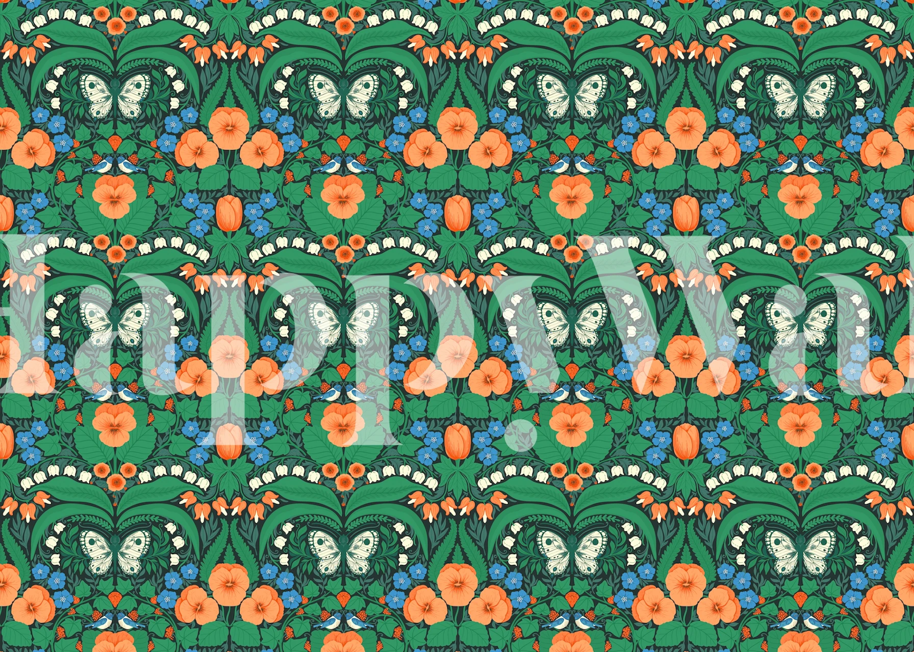 Floral pattern with butterflies in green, orange, and blue wallpaper
