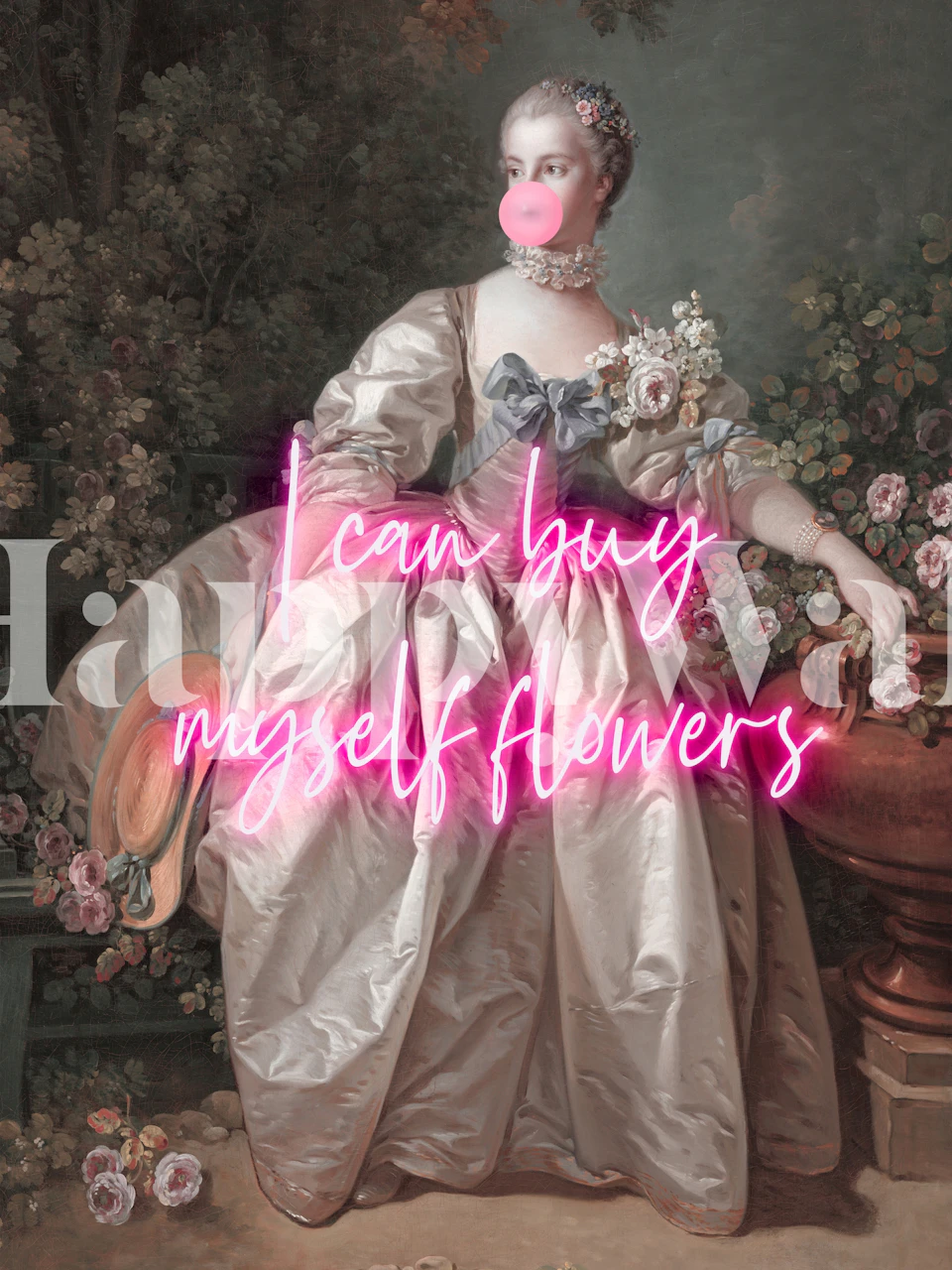 Woman in vintage gown with floral elements and neon text wallpaper